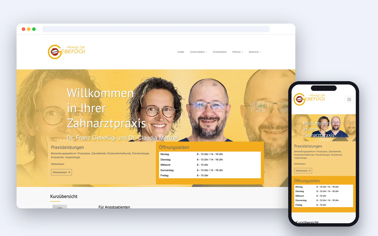 Website der Zahnarztpraxis Dr. Gebefügi – Desktop- und Smartphone-Ansicht
