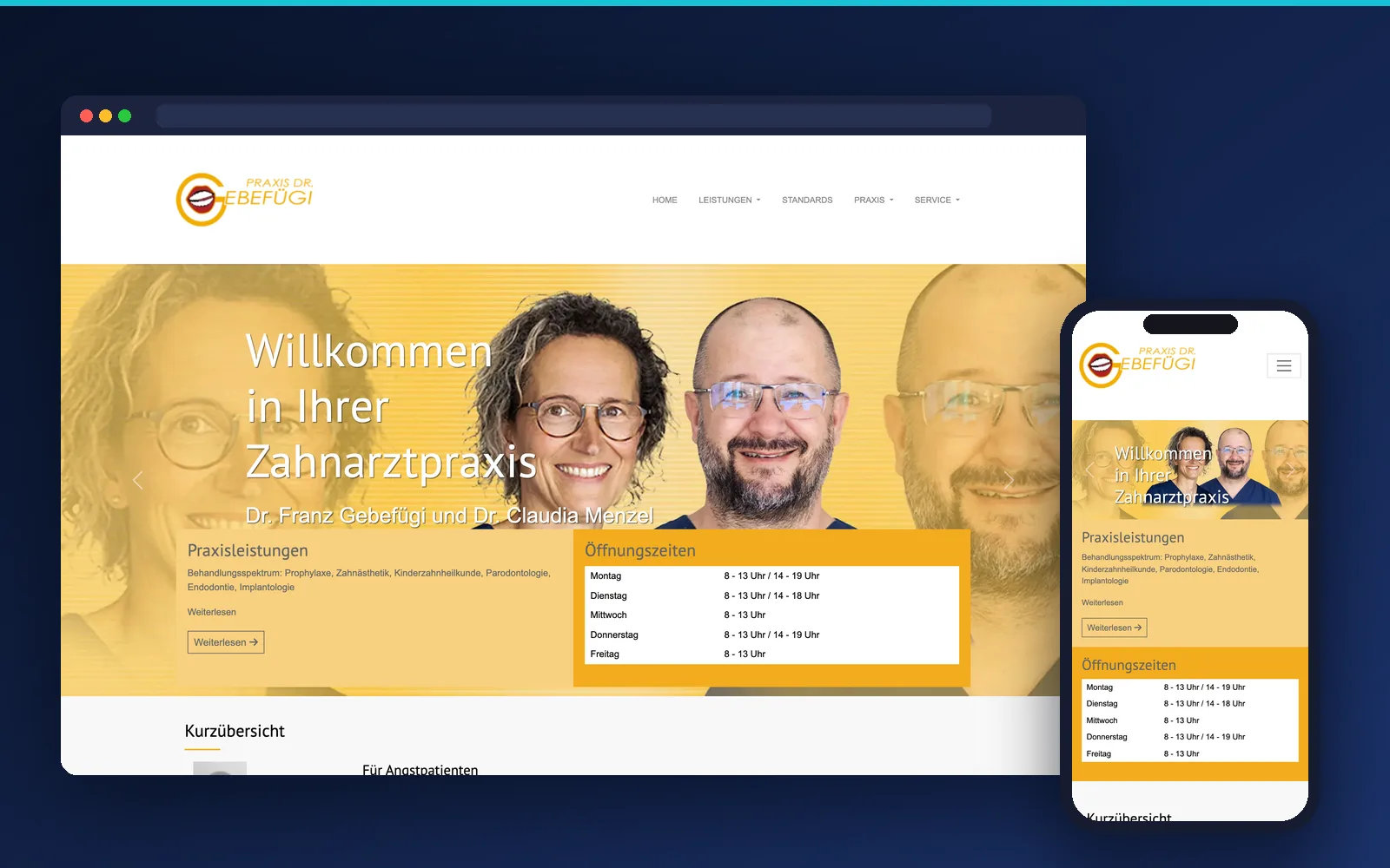 Website der Zahnarztpraxis Dr. Gebefügi – Desktop- und Smartphone-Ansicht