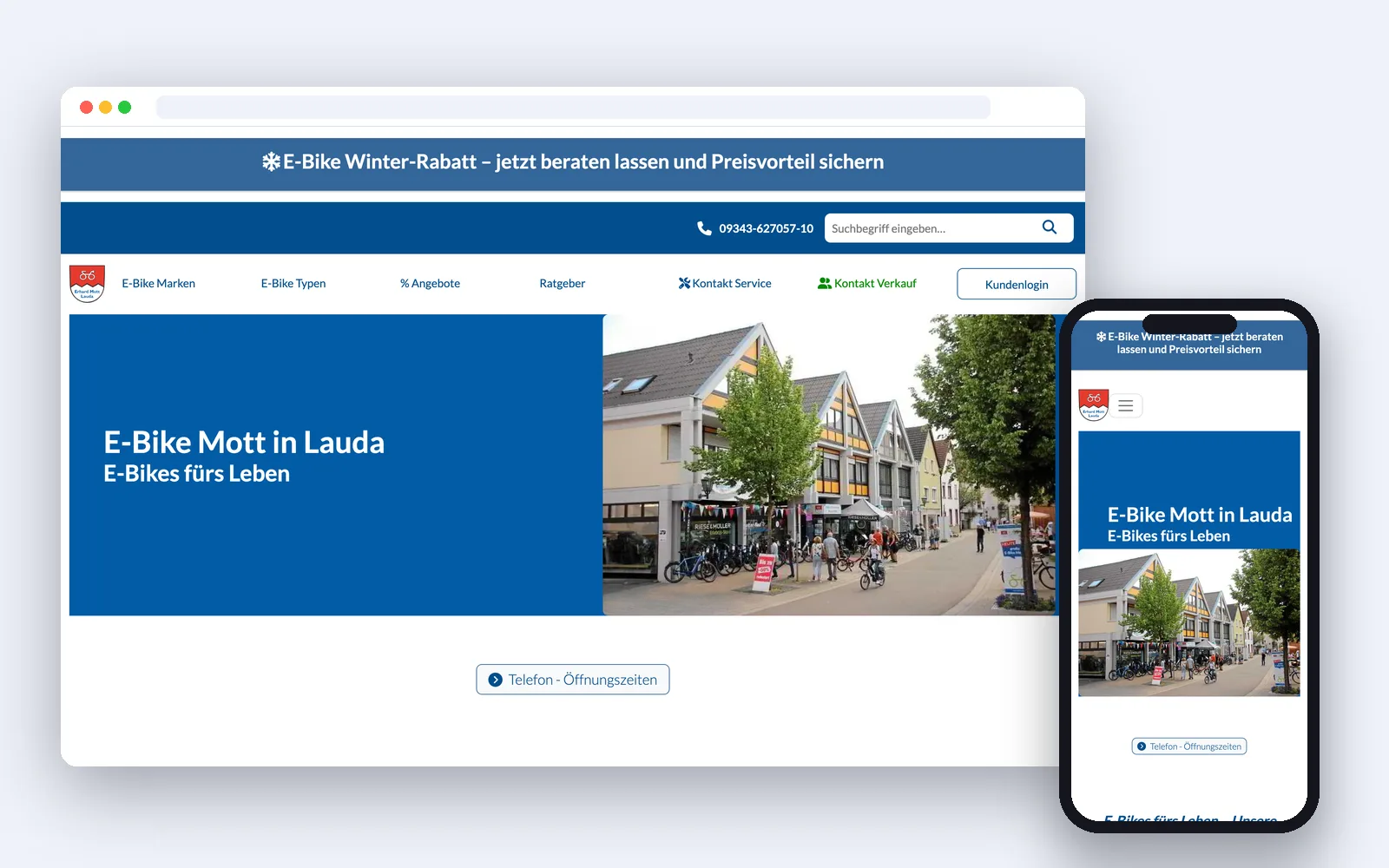 Website von E-Bike Mott, Lauda – Desktop- und Smartphone-Ansicht