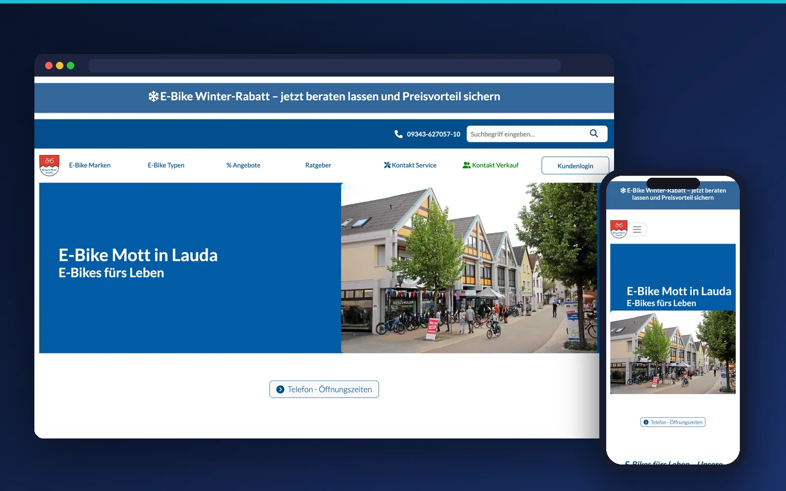 Website von E-Bike Mott, Lauda – Desktop- und Smartphone-Ansicht
