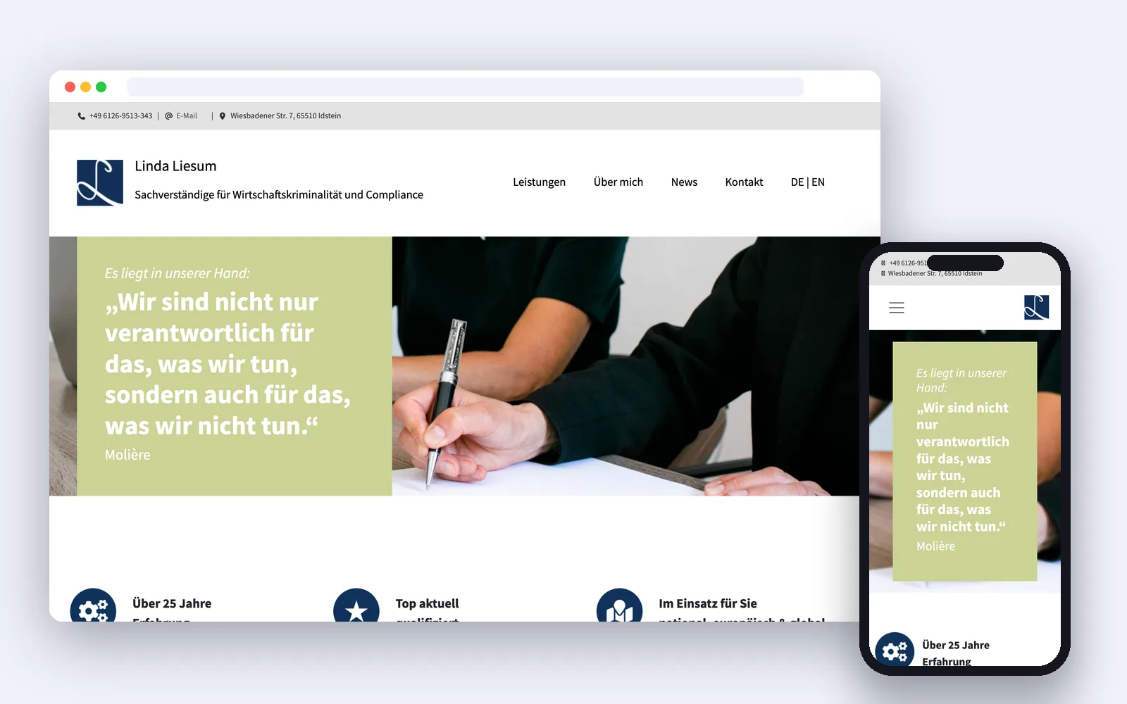 Website von Linda Liesum, Sachverständige für Wirtschaftskriminalität und Compliance – Desktop- und Smartphone-Ansicht