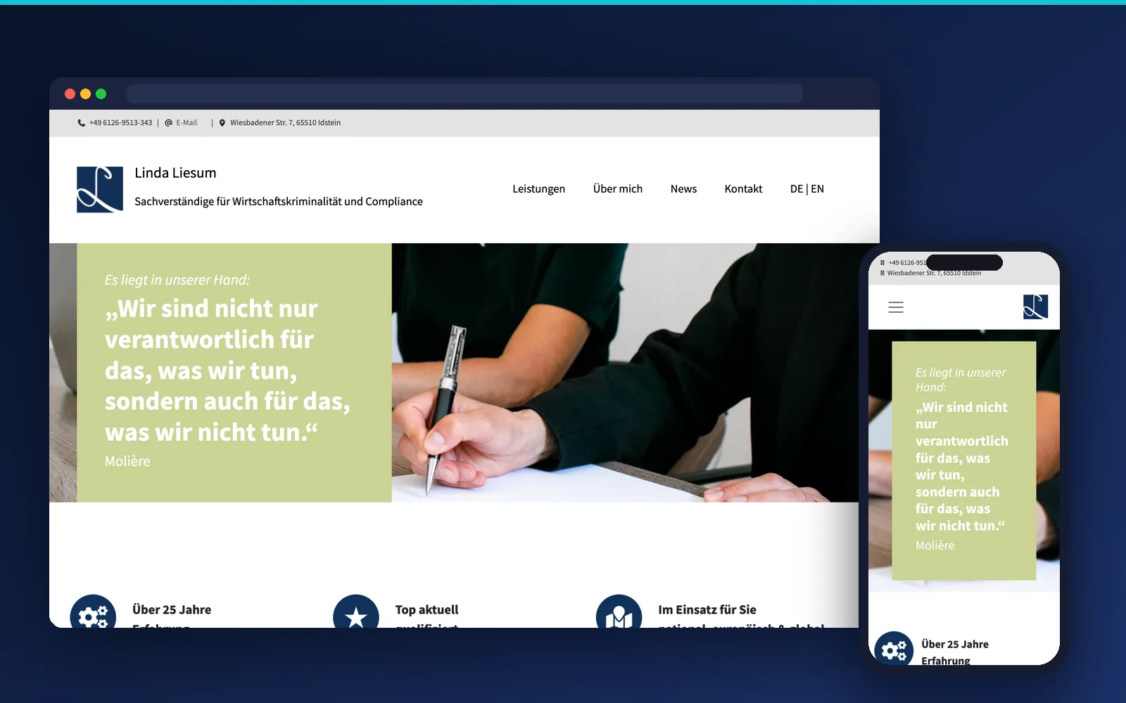 Website von Linda Liesum, Sachverständige für Wirtschaftskriminalität und Compliance – Desktop- und Smartphone-Ansicht
