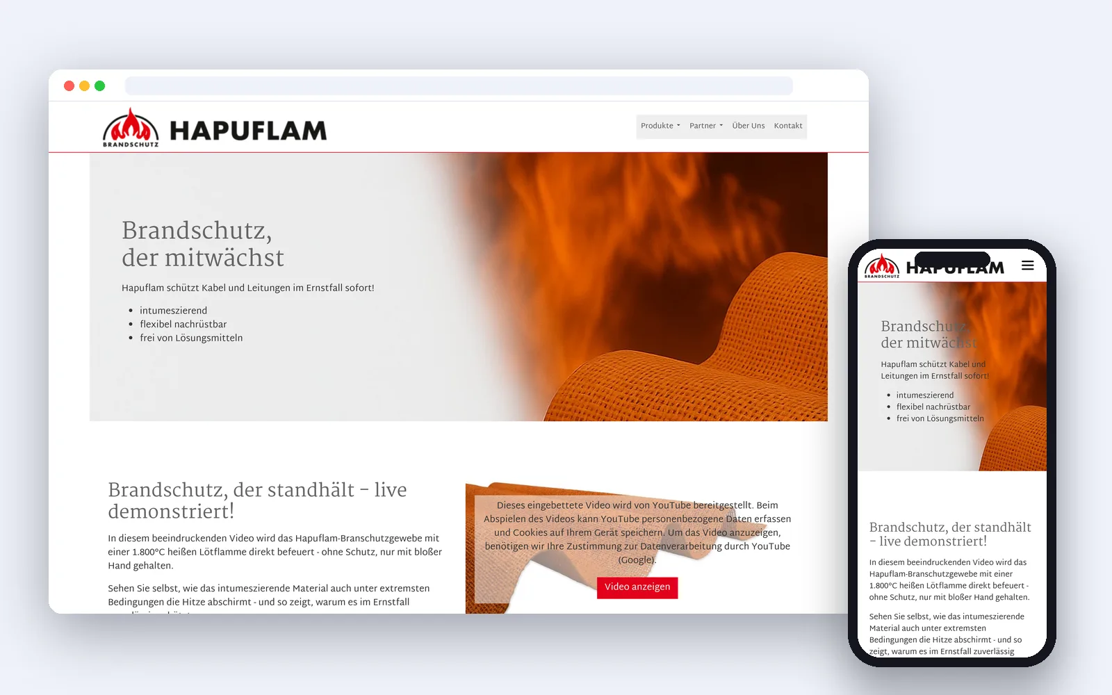 Website der HAPUFLAM GmbH – Desktop- und Smartphone-Ansicht