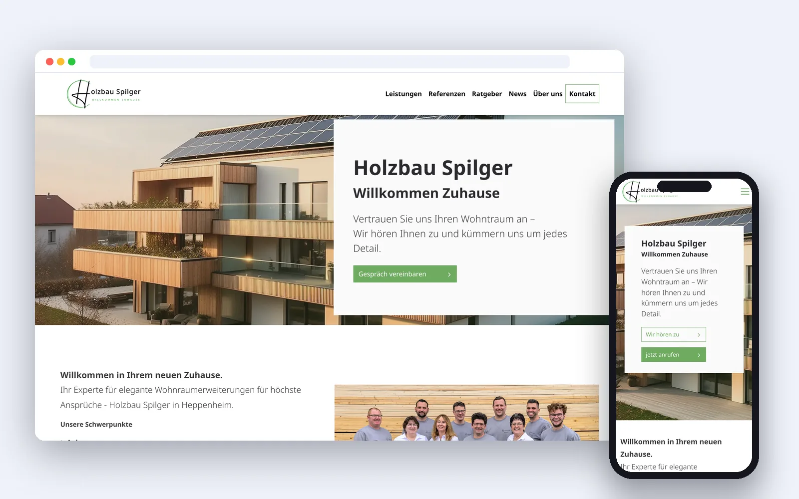 Website von Holzbau Spilger – Desktop- und Smartphone-Ansicht