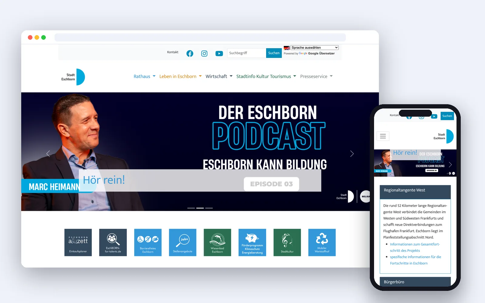 Website der Stadt Eschborn – Desktop- und Smartphone-Ansicht