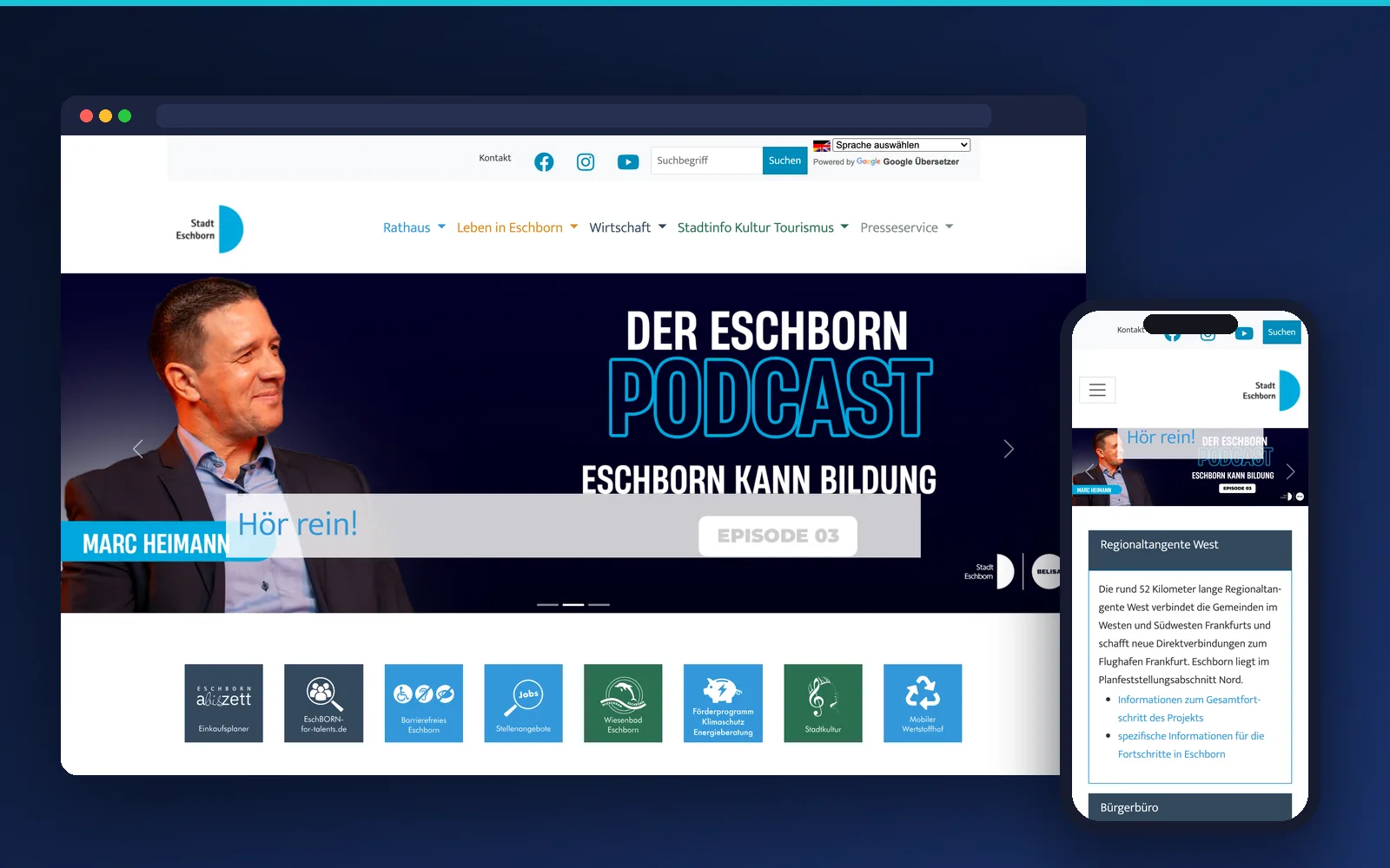 Website der Stadt Eschborn – Desktop- und Smartphone-Ansicht