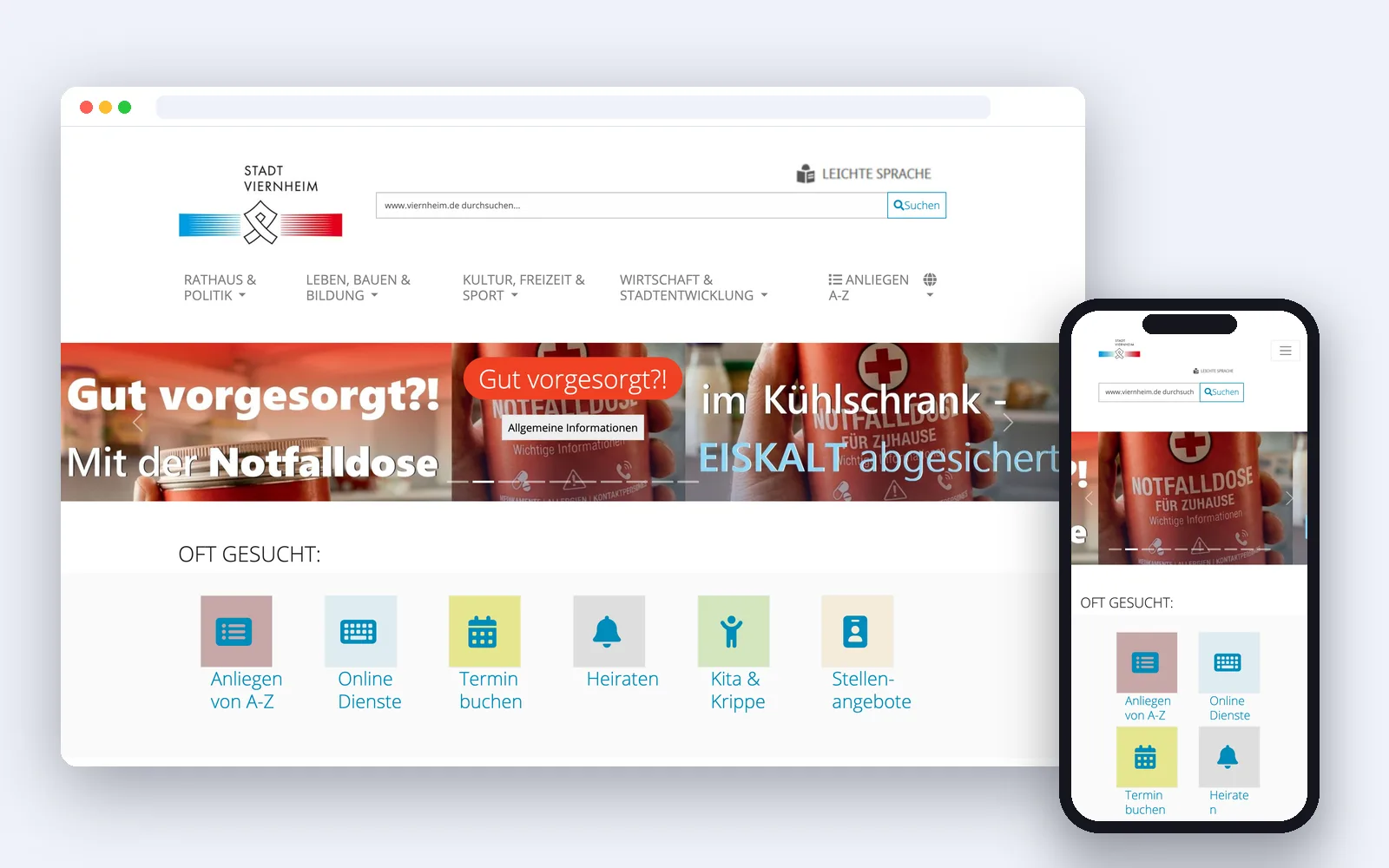 Website der Stadt Viernheim – Desktop- und Smartphone-Ansicht