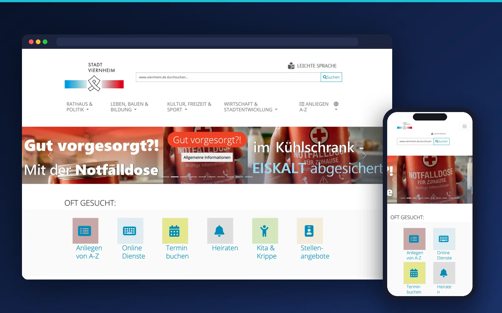 Website der Stadt Viernheim – Desktop- und Smartphone-Ansicht