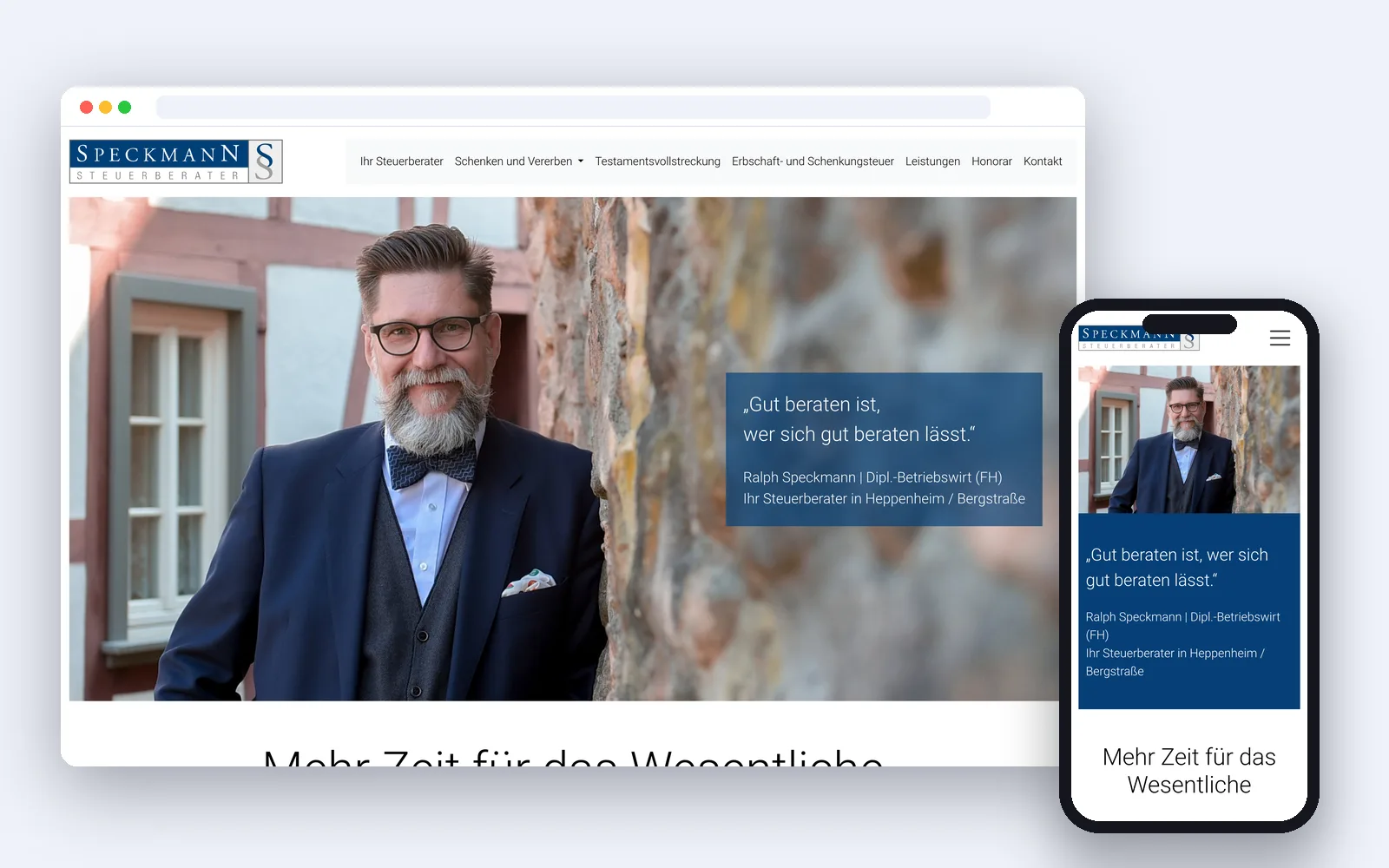 Website von Steuerberater Ralph Speckmann, Heppenheim – Desktop- und Smartphone-Ansicht