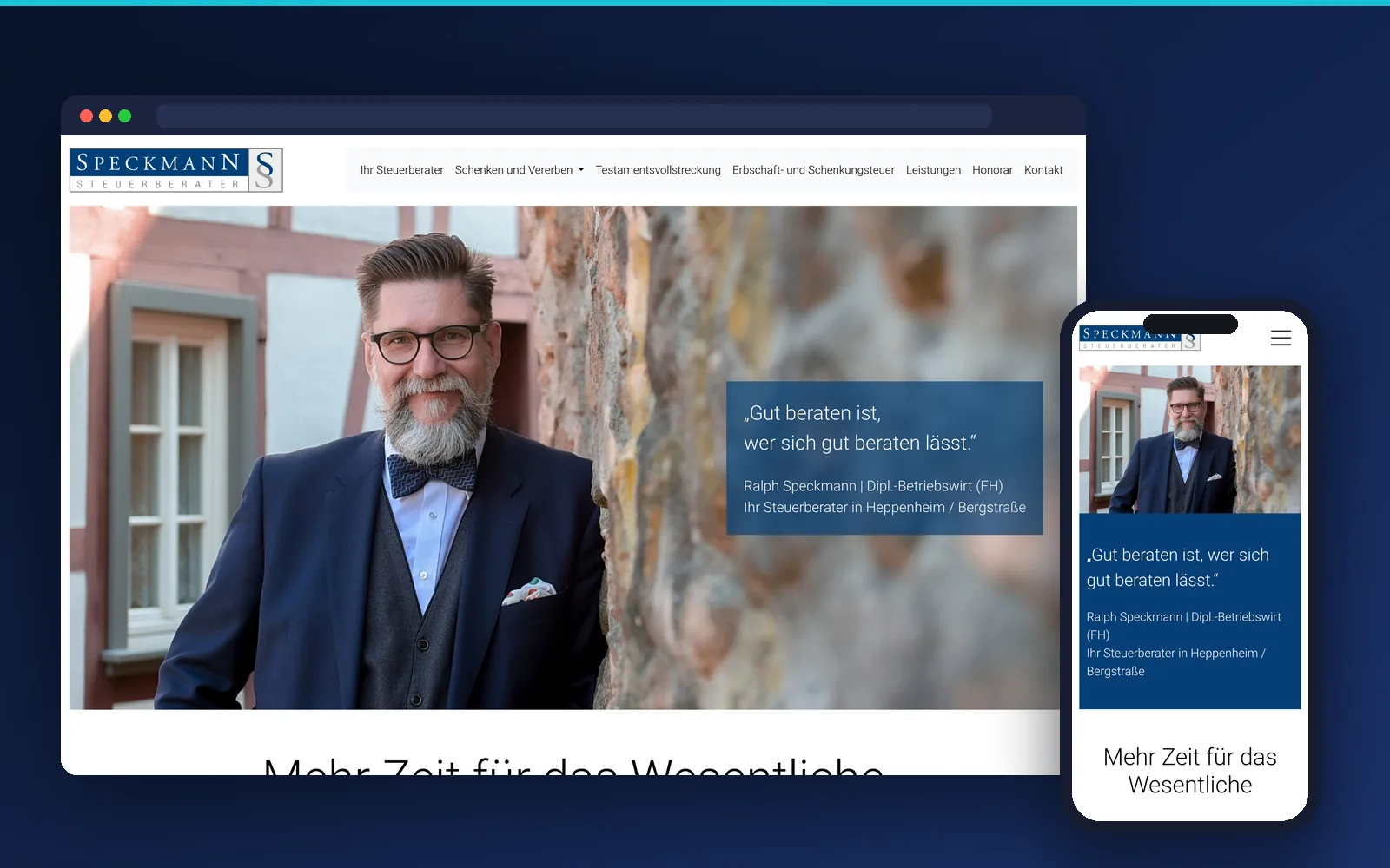 Website von Steuerberater Ralph Speckmann, Heppenheim – Desktop- und Smartphone-Ansicht