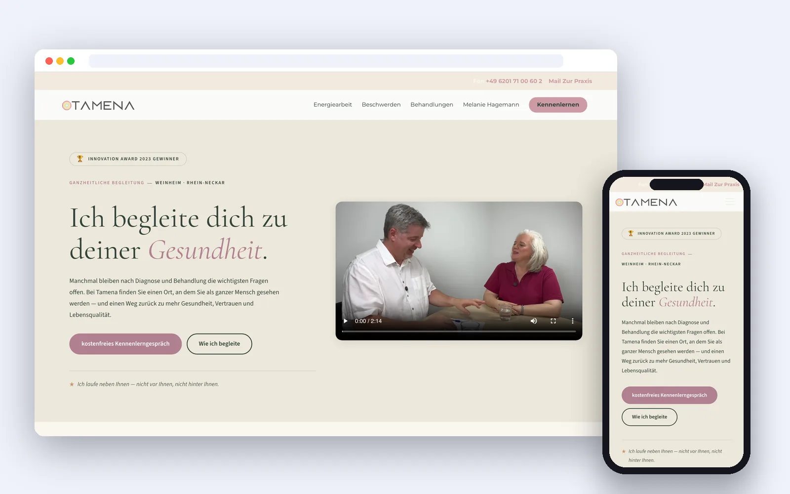 Website von Tamena Gesundheit, Weinheim – Desktop- und Smartphone-Ansicht