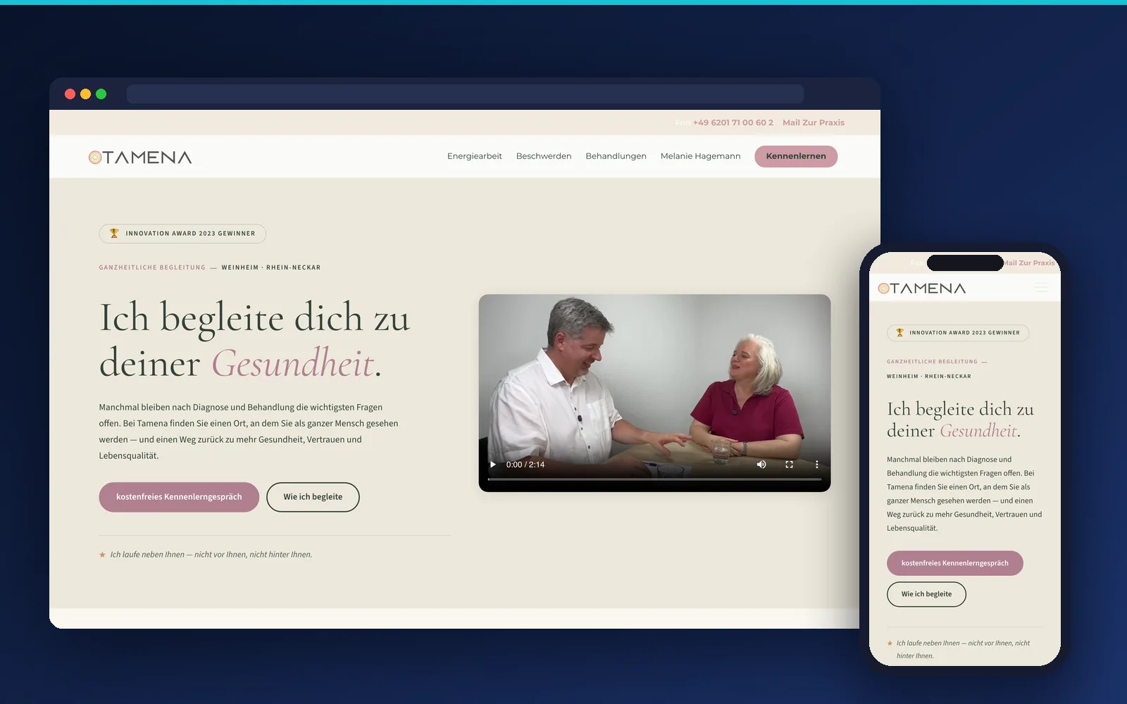 Website von Tamena Gesundheit, Weinheim – Desktop- und Smartphone-Ansicht