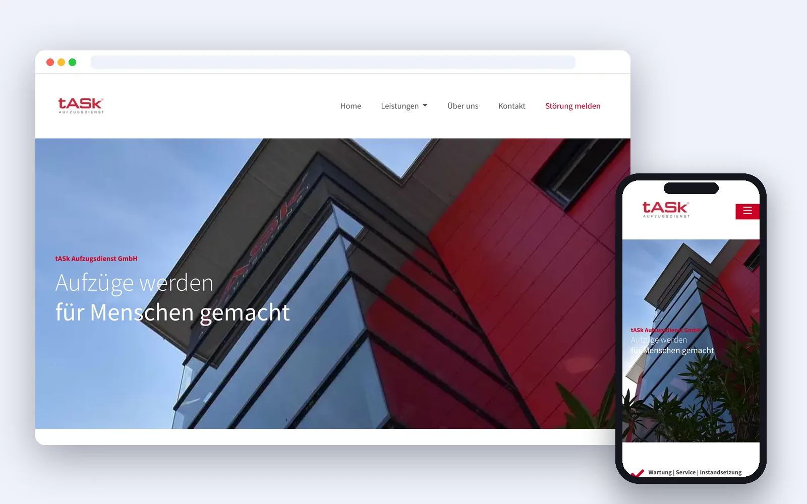 Website der tASk Aufzugsdienst GmbH – Desktop- und Smartphone-Ansicht