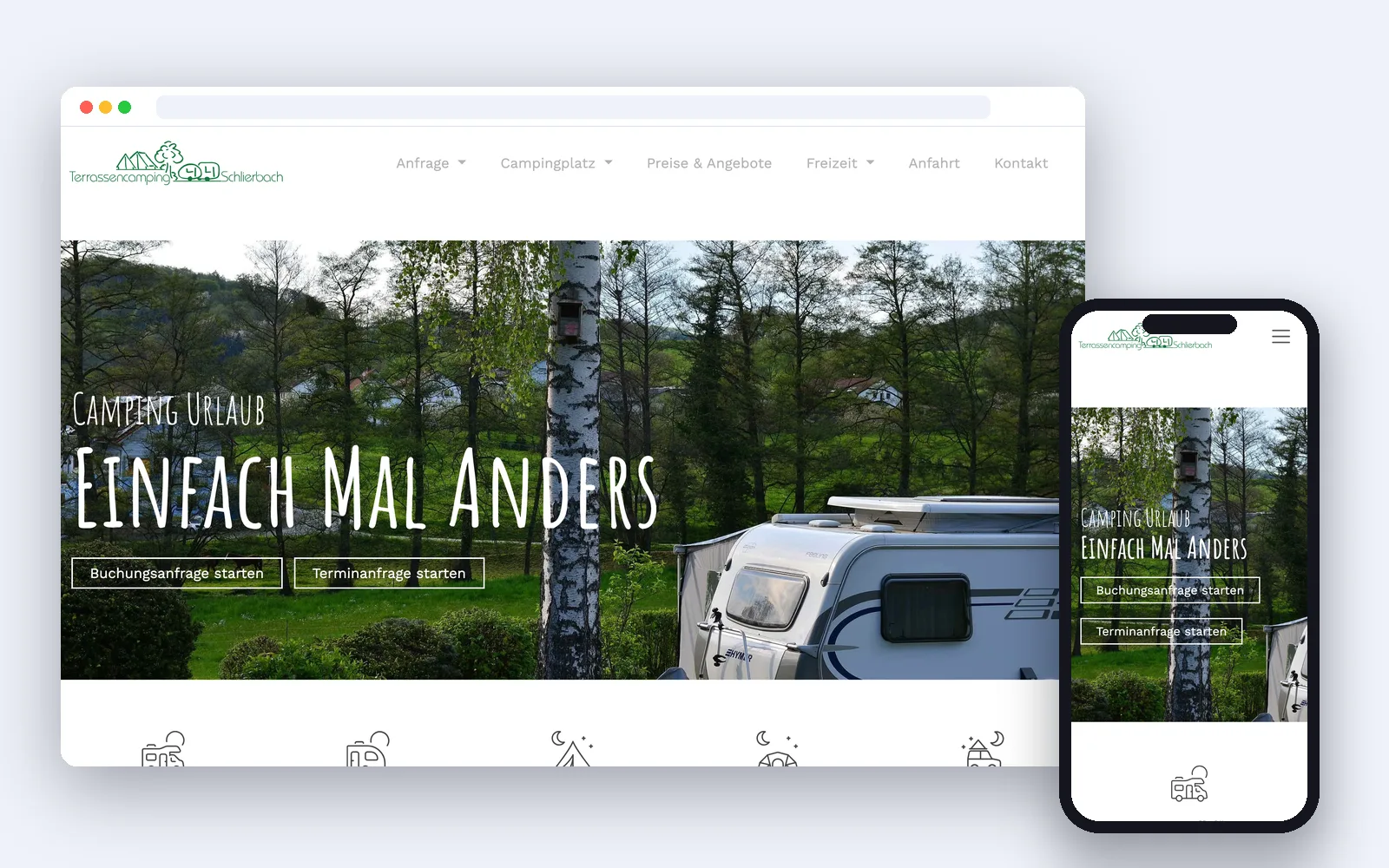 Website Terrassencamping Schlierbach – Desktop- und Smartphone-Ansicht